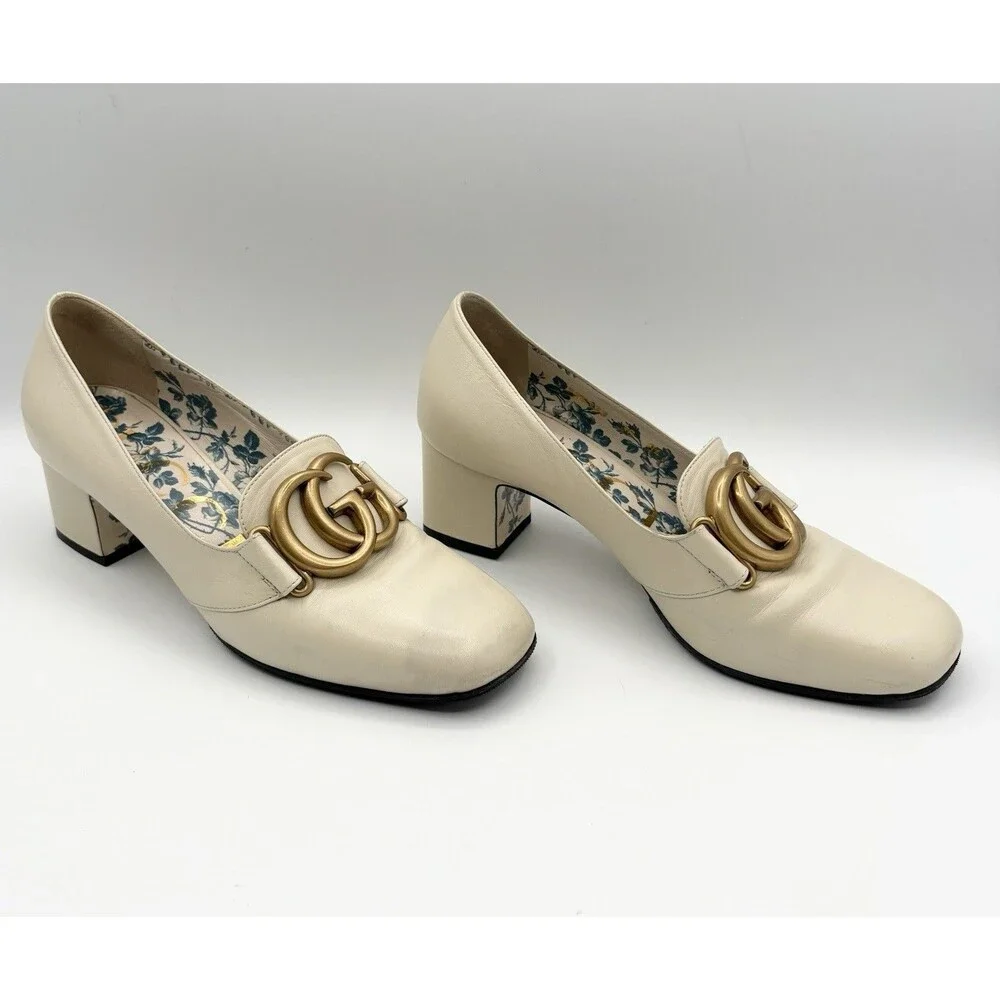 Gucci Victoire GG Block Heel Pumps White/Cream Leather Gold GG Buckle Sz EU 36 - Picture 2 of 14